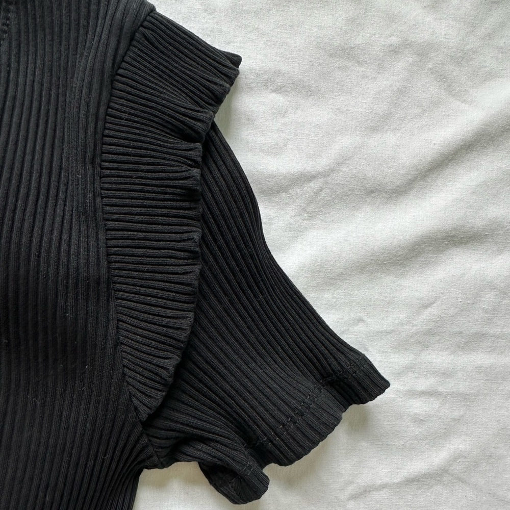 Zara Black Ruffled Sleeve Ribbed Top - Picture 5 of 7